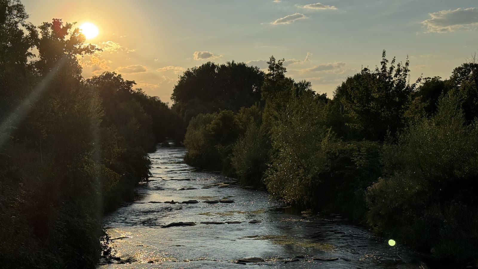 The Gera in the Geraaue in Erfurt, flowing between densely wooded banks, with low sunlight reflected on the water and stones breaking the surface.