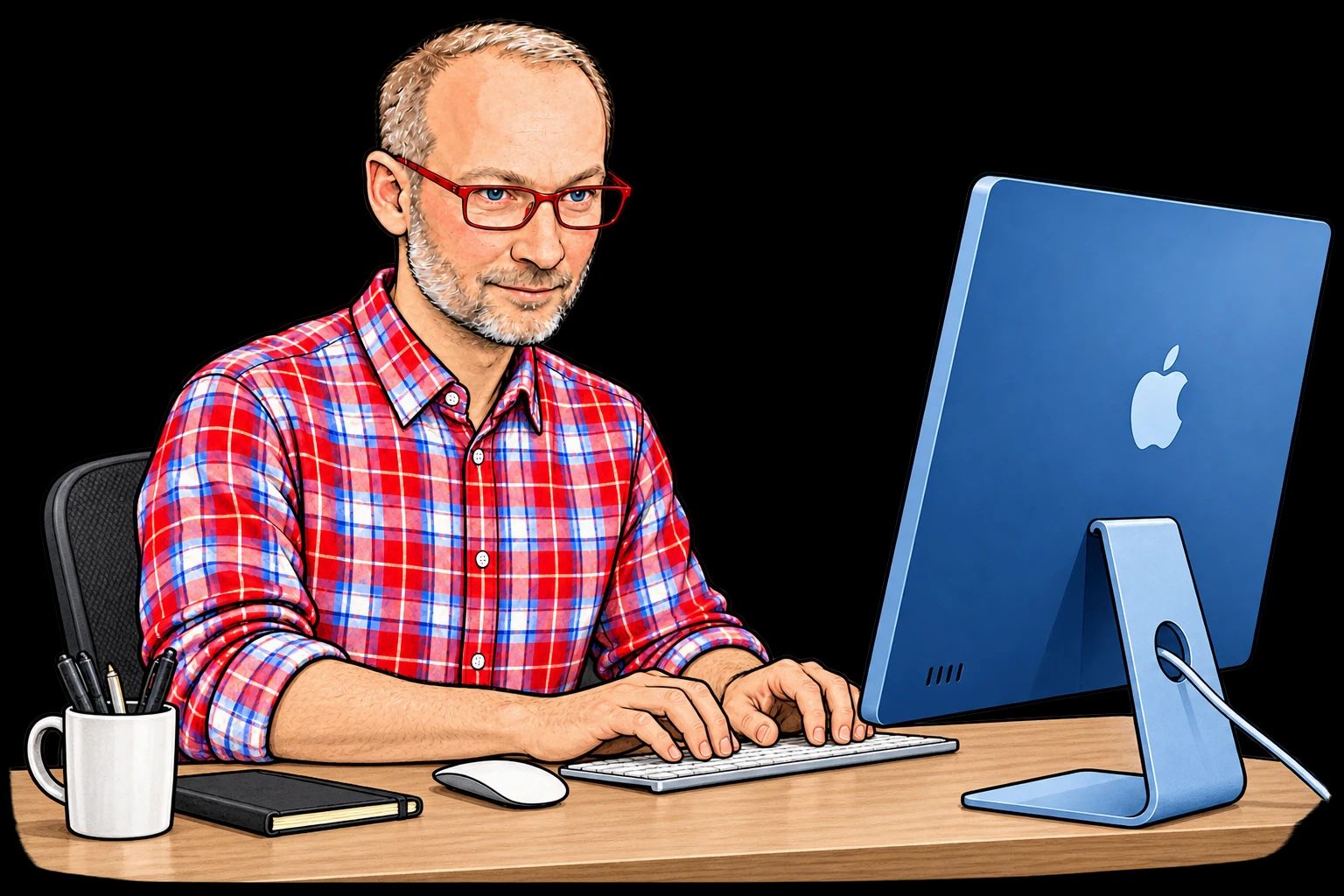 Illustration von Mario mit roter Brille an seinem Schreibtisch.